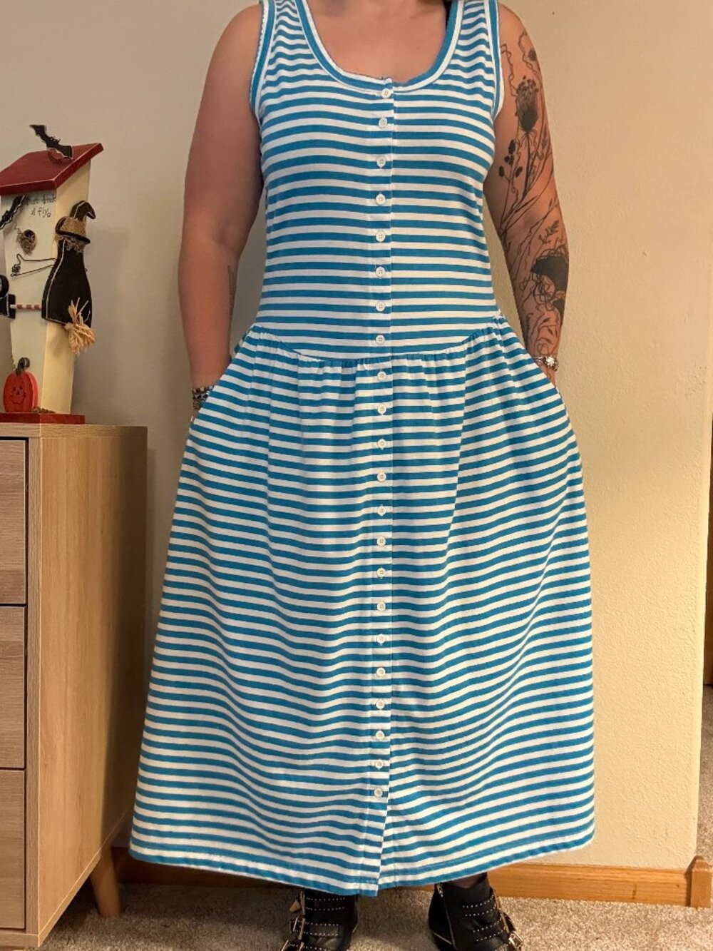 Vintage 90s Pierre Cardin Designer Blue Striped Casual Tank Dress M